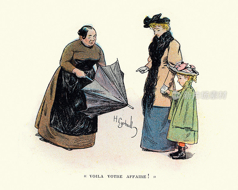 维多利亚时代，一位妇女在教一个小女孩如何撑开雨伞