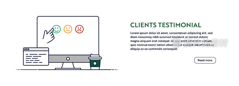 客户评价概念与直线计算机插图。最小设计的网站横幅,海报,传单和宣传册模板与可编辑的笔划。