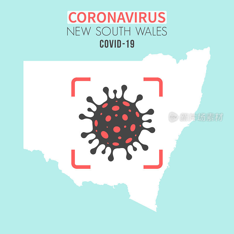 新南威尔士州地图，红色取景器中有一个冠状病毒细胞(COVID-19)