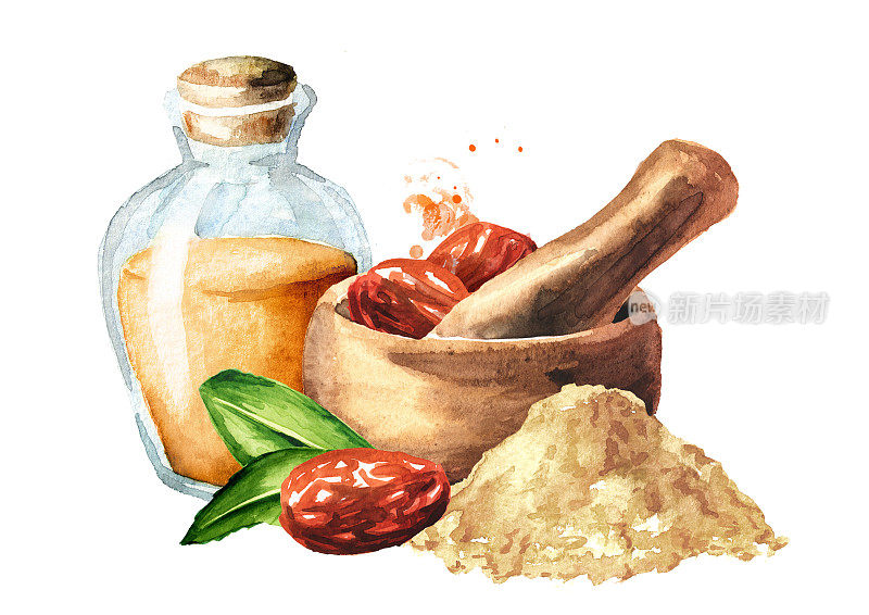 干乌纳abi果，酸枣，研钵，枣粉和酊剂瓶。手绘水彩插图孤立的白色背景