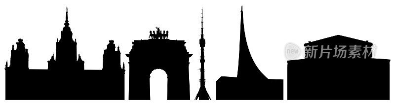 莫斯科建筑的剪影在俄罗斯，大学，凯旋门，塔在奥斯坦金诺，航天博物馆，大剧院，设置。矢量图