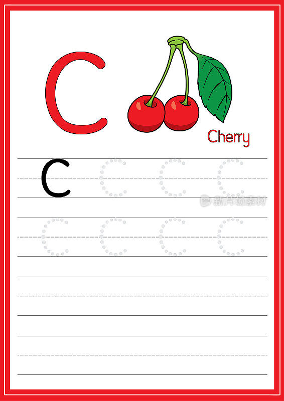 矢量插图樱桃孤立在白色背景。用大写字母C作为教学和学习媒体，供儿童识别英文字母或供儿童学习写字母用于在家里和学校学习。