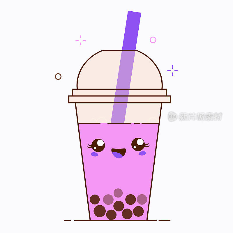 用美味的木薯黑珍珠做的粉色泡泡奶茶广告。可爱的珍珠奶茶卡哇伊笑了。台湾著名和流行的饮料波巴。卡通平面图标矢量。