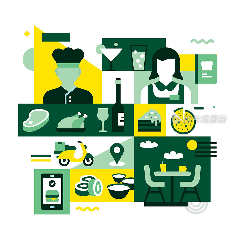 餐厅,食物和饮料相关的平面风格矢量插图