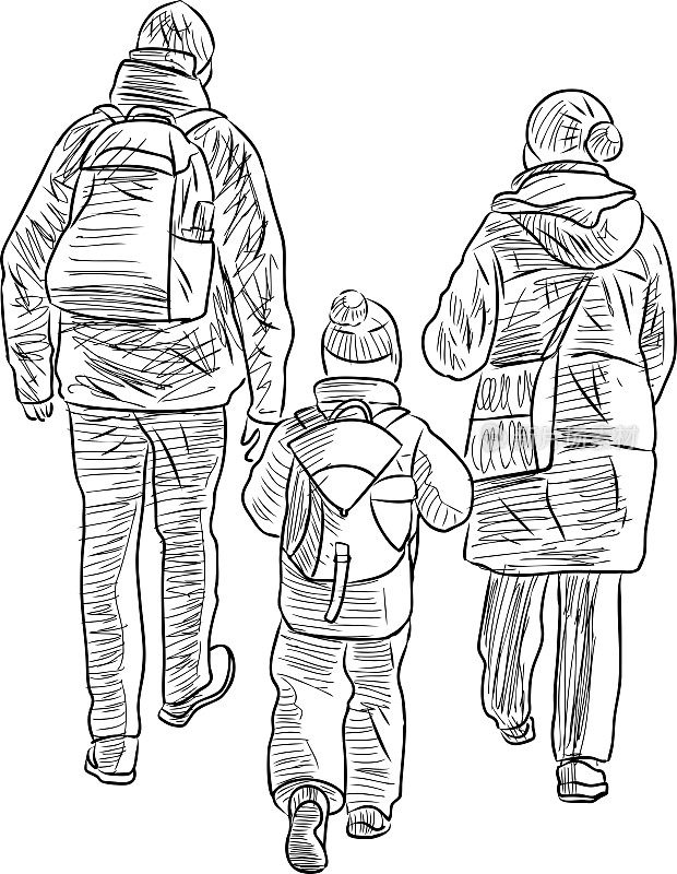 在户外行走的家庭普通市民的矢量草图