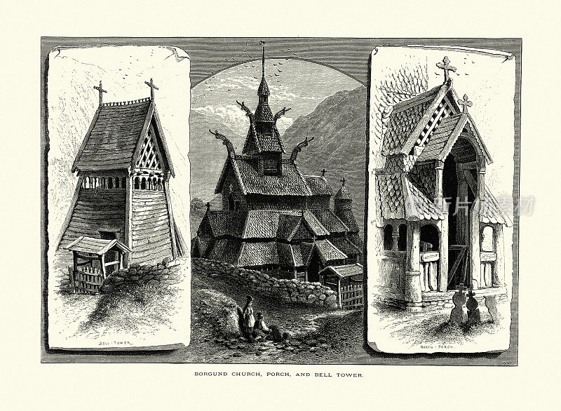 Borgund教堂、门廊和钟楼，挪威，19世纪