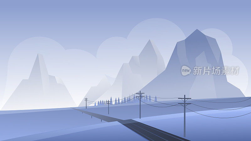 山夜景观矢量插图，卡通平面夜间全景透视山景与空旷的柏油路，岩石山，雾蒙蒙的自然