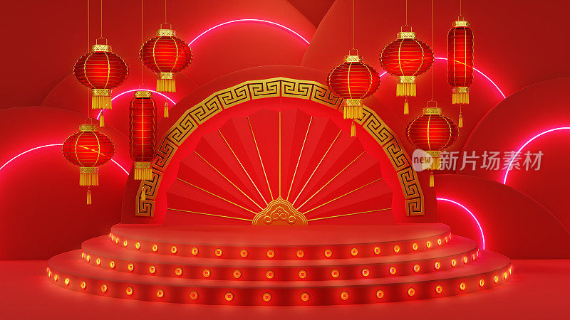 亚洲主题产品展示平台，有台阶和红墙，中国灯笼和日本纸扇，3d插画背景