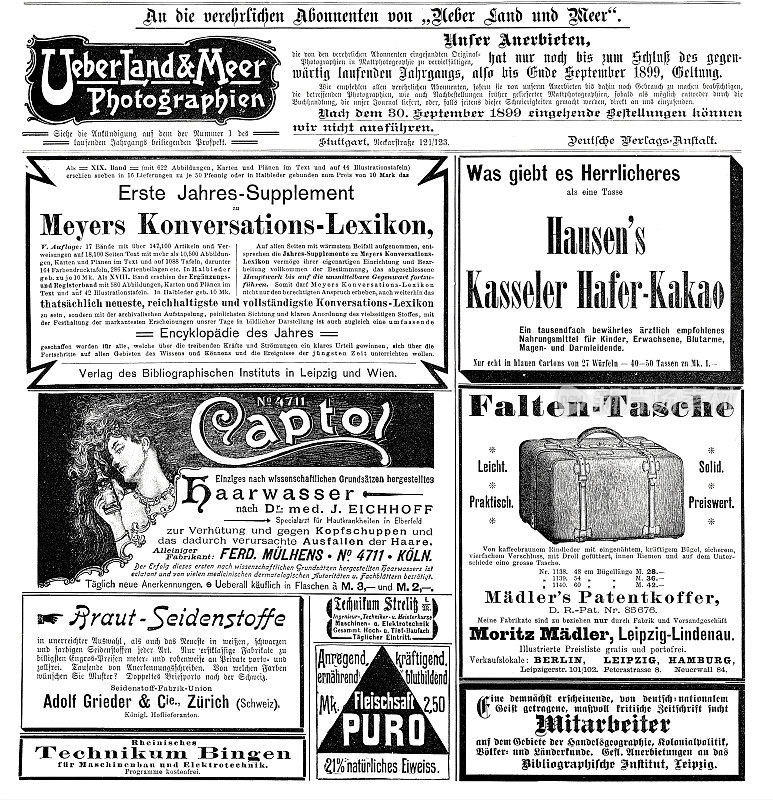 1899年在德国杂志上刊登的广告单，其中包括梅耶斯