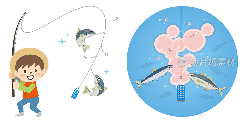 插图一个男孩钓鱼萨比奇和小鱼吃鱼饵在海里