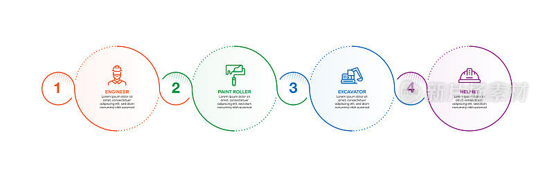 信息图表设计模板。工程师，油漆滚轮，挖掘机，头盔图标与4个选项或步骤。