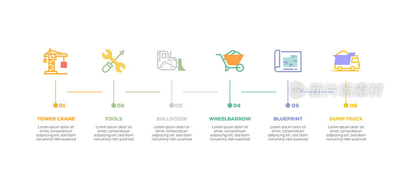 信息图表设计模板。塔吊，工具，推土机，独轮车，蓝图，自卸卡车图标6个选项或步骤。