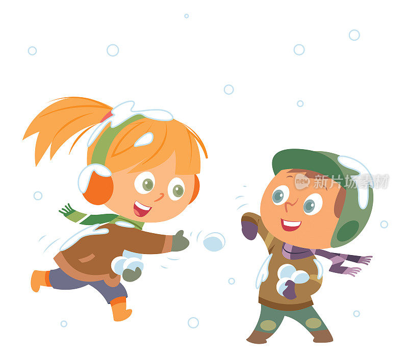 两个孩子在玩扔雪球
