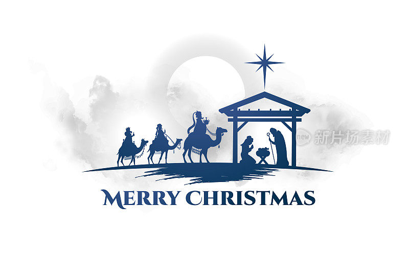 矢量插图基督诞生，婴儿耶稣到达东方三博士熊礼物，三个英明的国王和伯利恒之星，诞生圣诞图形设计元素
