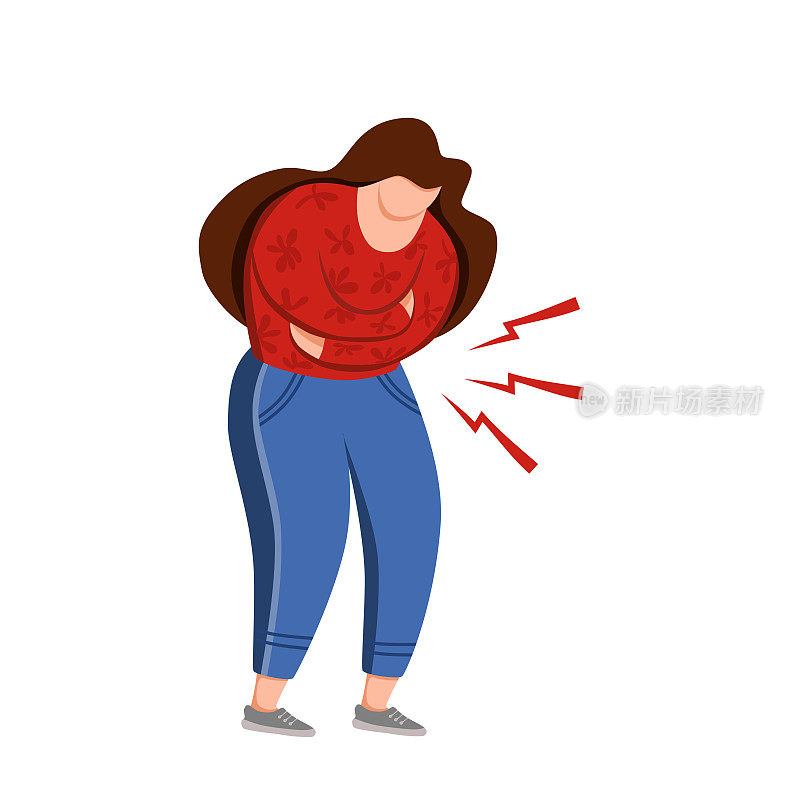 患有胃痛的妇女矢量插图。女孩感觉胃痛，慢性胃炎，手按在她的腹部。有经期腹痛、健康问题概念的女士。