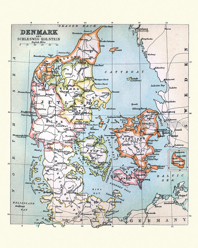 丹麦的古董地图，1890年代，19世纪