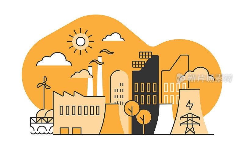 能源和重工业平面单线城市天际线插图与可编辑的笔触