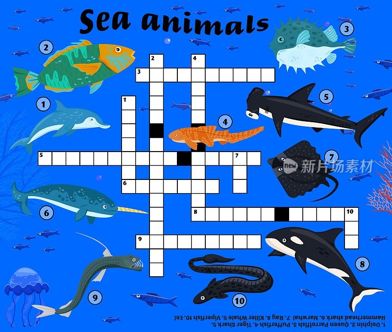 海洋动物字谜游戏。水下居民。濒危物种。