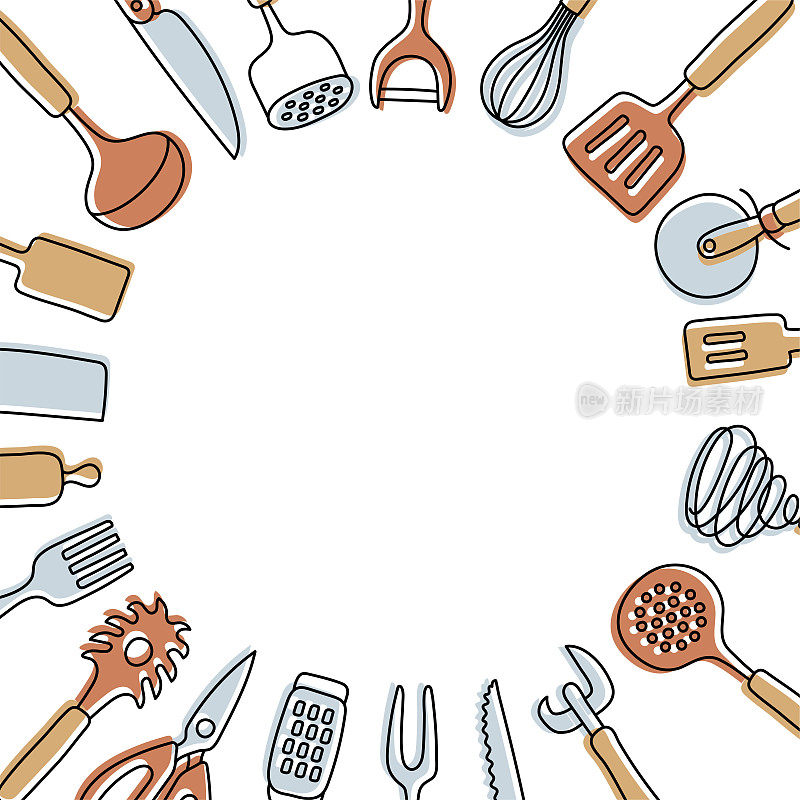 厨房与复印空间。厨具素描集。涂鸦矢量器具，工具和刀叉。搅拌器，漏勺，剪刀和擀面杖。刀，叉，削皮器和开瓶器。