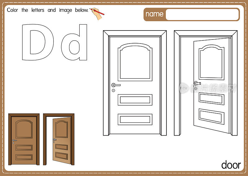 矢量插图的儿童字母着色书页与概述剪贴画，以颜色。字母D代表门。