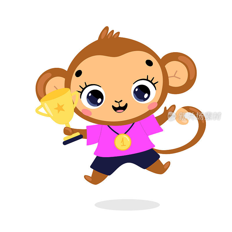 可爱的卡通平面涂鸦动物运动冠军与金牌和杯子。猴子体育冠军