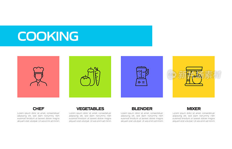 烹饪相关线条图标。向量符号说明。