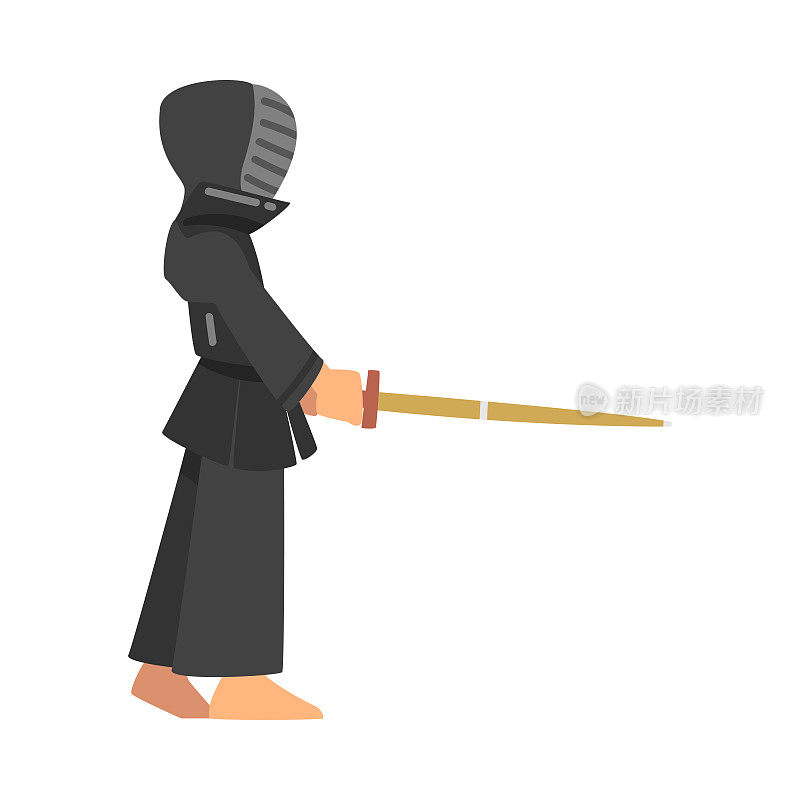 男子角色在黑色和服重剑参与战斗击剑运动或战斗运动竞争矢量插图