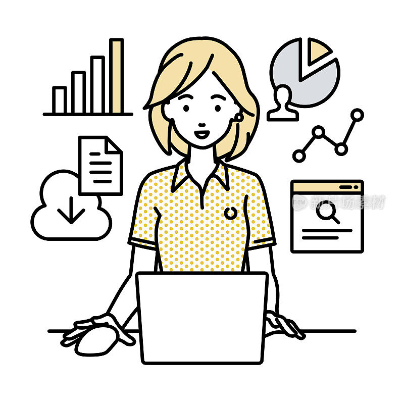 一个穿着马球衫的女人用笔记本电脑在她的办公桌上浏览网站、研究、共享云文件、分析和做报告