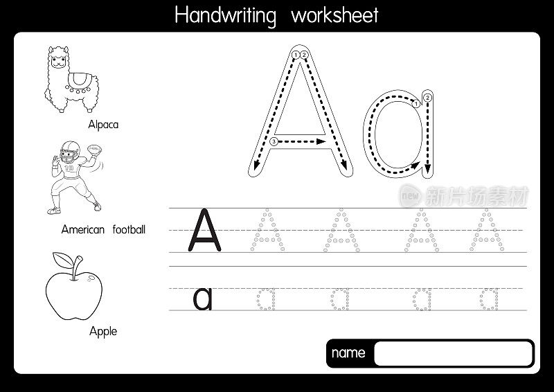 黑白矢量插图与字母A大写字母或大写字母的儿童学习练习ABC