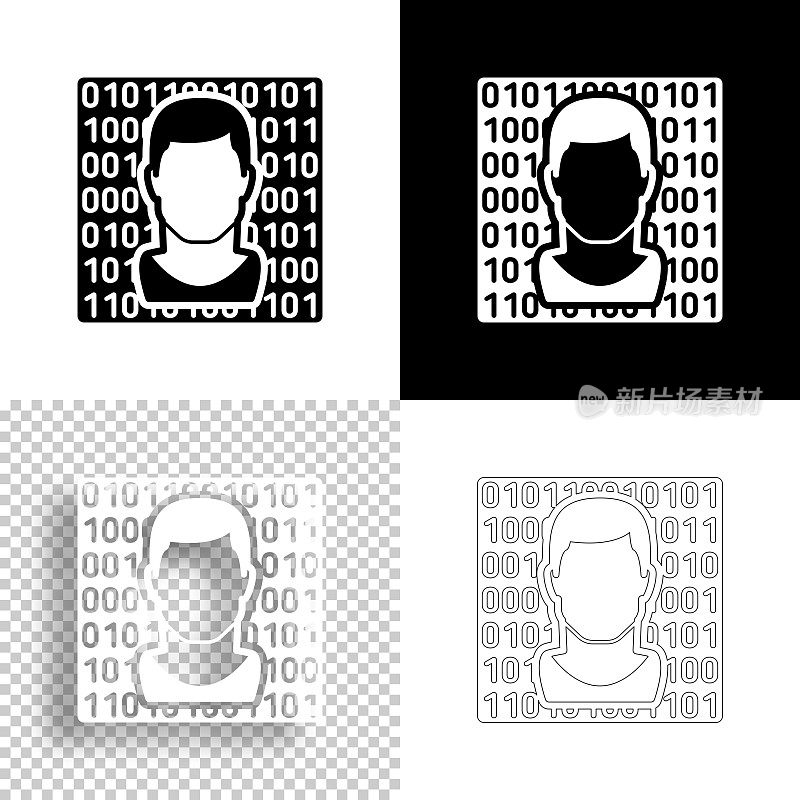 男性面用二进制码。图标设计。空白，白色和黑色背景-线图标