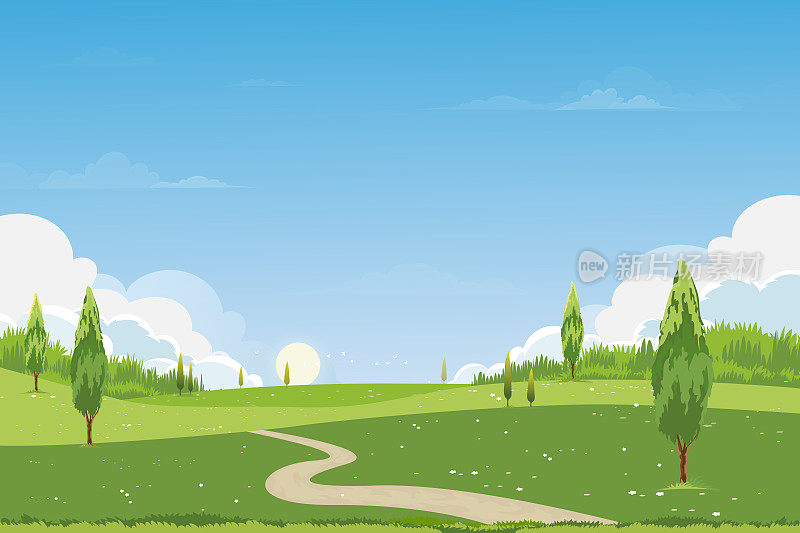 春天的绿色田野景观，以山，蓝天和白云为背景，在绿色的草地上，全景宁静的春天乡村自然。春天和夏天横幅的卡通矢量插图