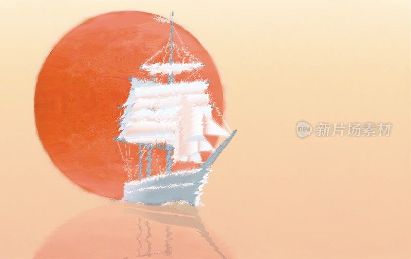 太阳背景下的帆船，浪漫的风格