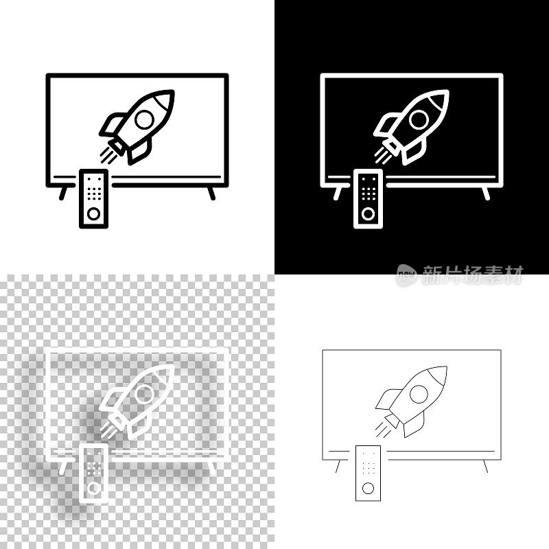 电视与火箭。图标设计。空白，白色和黑色背景-线图标