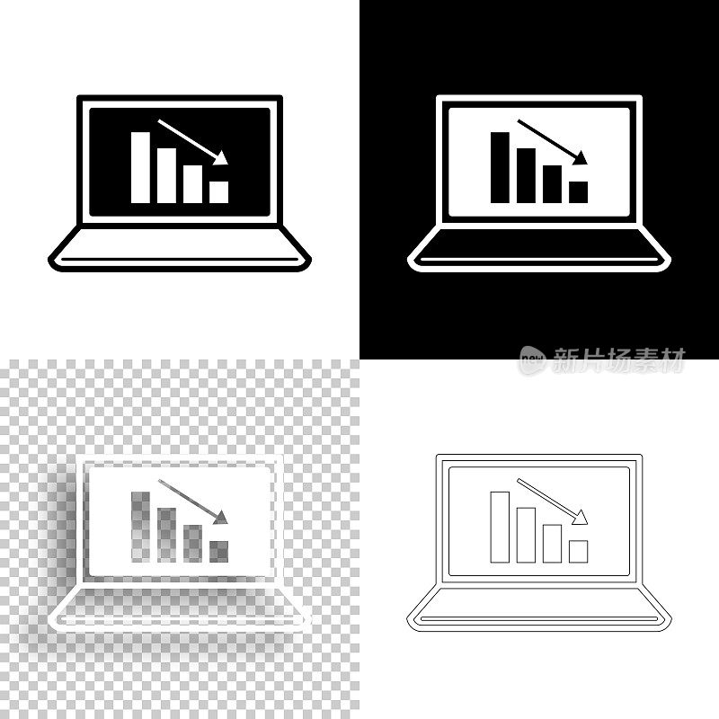 笔记本电脑上的递减图表。图标设计。空白，白色和黑色背景-线图标