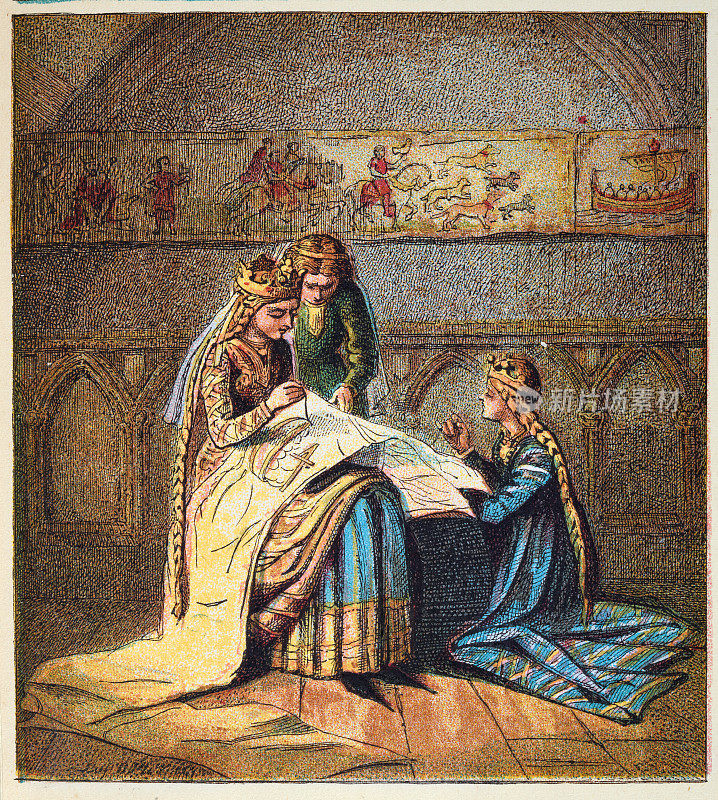 弗兰德斯的玛蒂尔达，英格兰女王，正在缝制贝叶挂毯