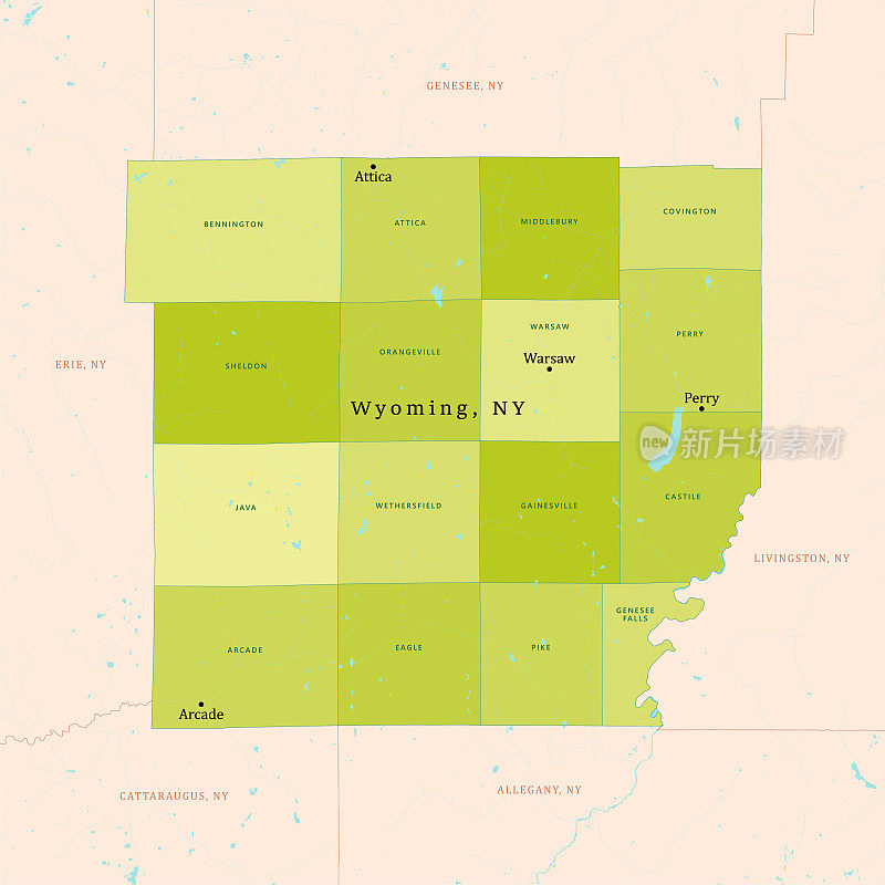 纽约州怀俄明县矢量地图绿色