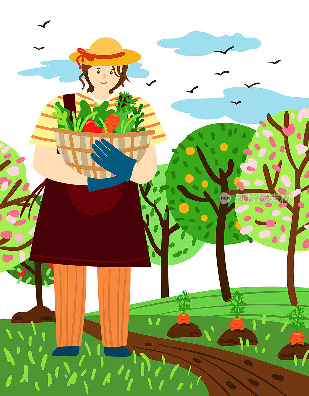 矢量插图的农民女孩种植植物和收获作物的农场在一个领域。快乐的花匠姑娘手里提着一篮子蔬菜和草药