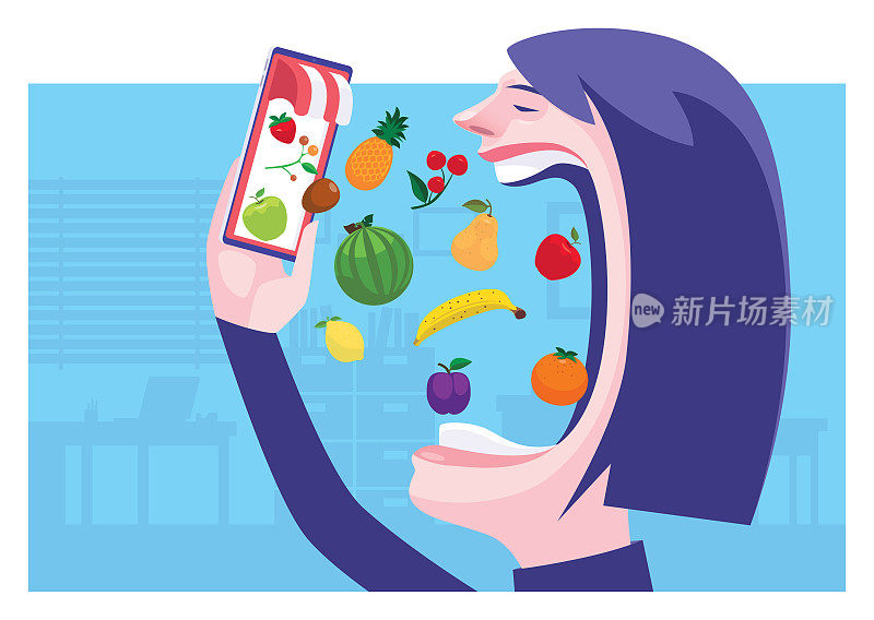 女人用智能手机吃水果