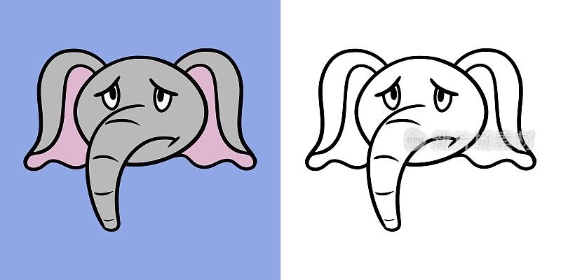 横插画为涂色书，悲伤小象，大象情绪，大象被冒犯，矢量