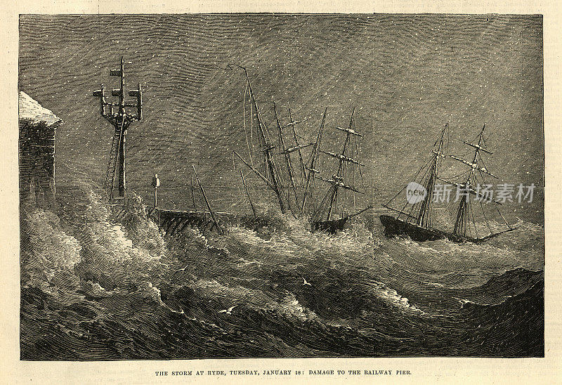 维多利亚时代的19世纪，1881年，英国怀特岛的赖德，港口里的船只在暴风雨中颠簸