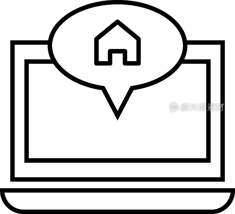 计算机、互联网和通信的概念。现代单色标志在平面风格。适用于网站，商店，书籍等。笔记本电脑显示器上的语音泡泡内框图标