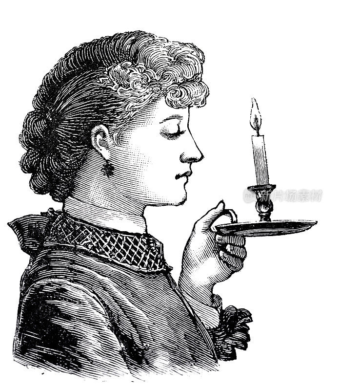 年轻女子手持烛台与燃烧的蜡烛，头部，侧面视图，白色背景