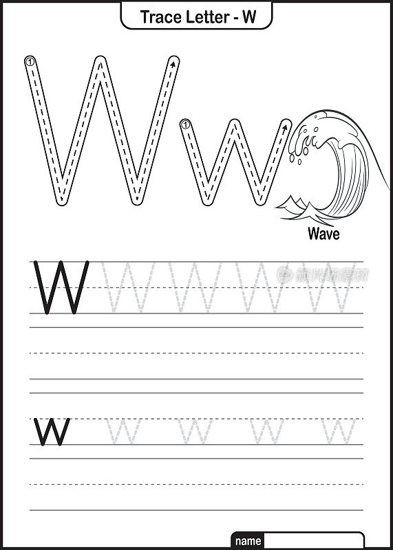 字母跟踪字母A到Z学龄前工作表与字母W波亲矢量