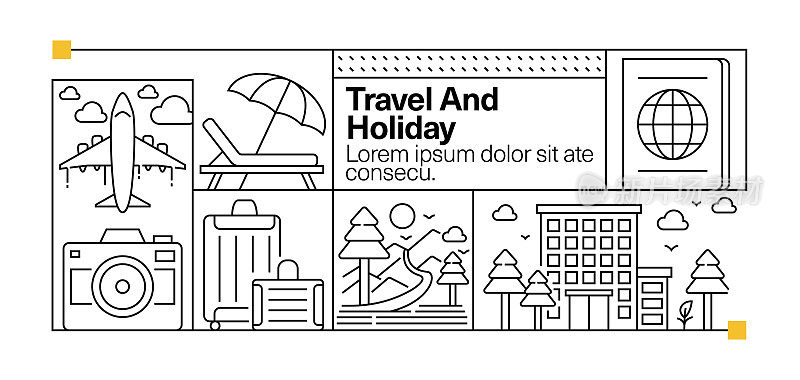旅游和假日线图标集和横幅设计