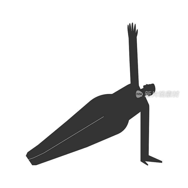 矢量孤立的插图与平面黑色轮廓的女性角色。活泼的女子学习瑜伽姿势Vasisthasana。健身运动-侧平板支撑姿势