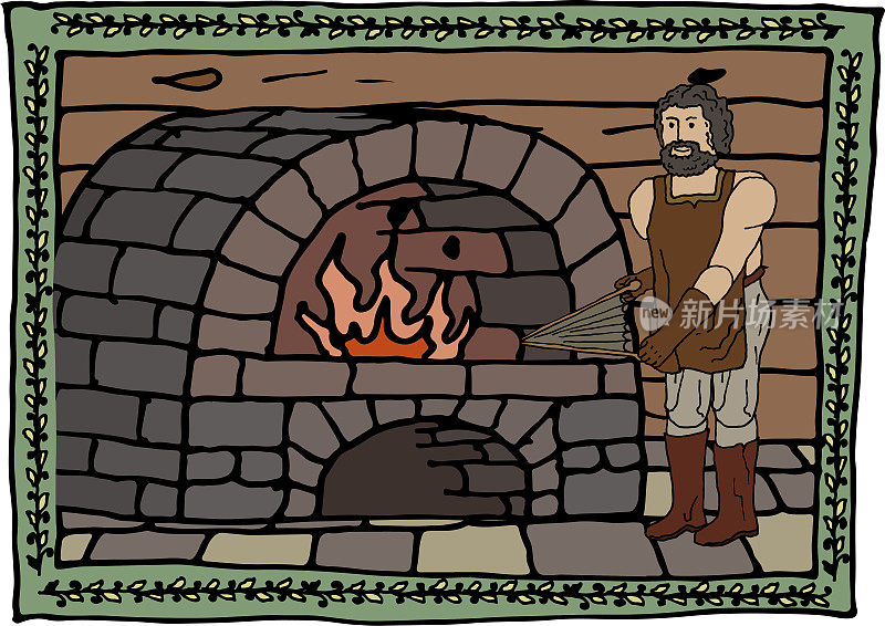 中世纪用程式化的框架点燃火炉的插图。中世纪，锻造，熔炉，铁工，铁匠，准备使用，eps。为你设计
