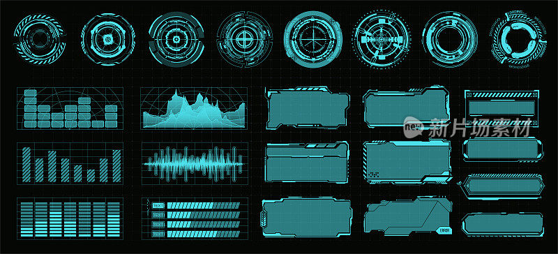 一套科幻数字界面的游戏元素，框架，视野，圆圈，标题，统计，hud风格的图形。赛博朋克界面元素集。框边有图表，仪表盘。