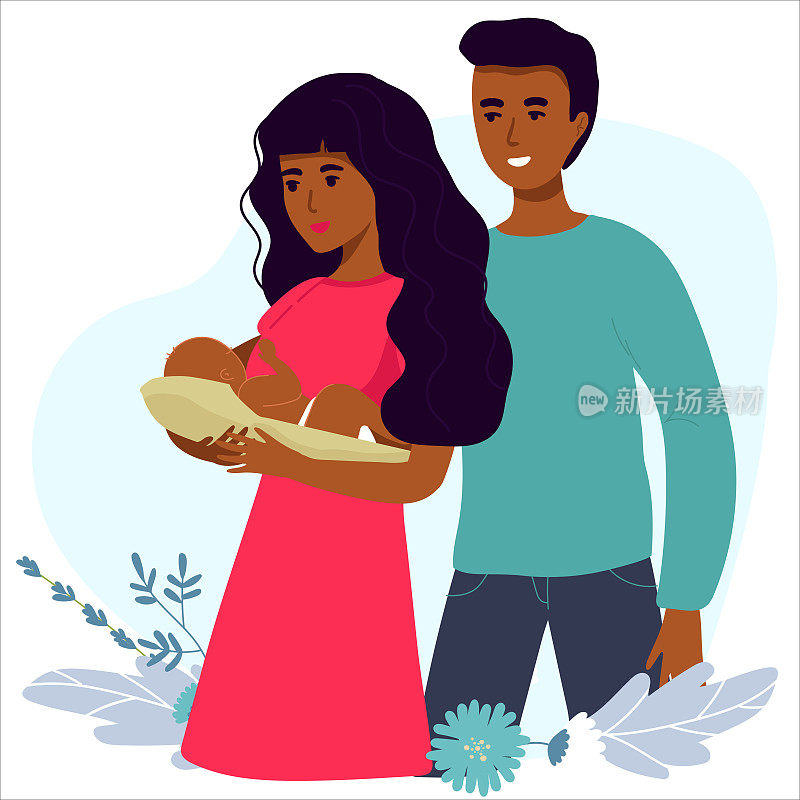非洲裔美国人关于怀孕和母性的插图。有肚子的孕妇和爸爸在一起。抱着新生儿的女士。平面股票矢量插图。