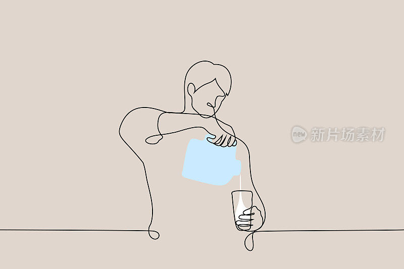 一名男子将牛奶从一个大的方瓶倒进玻璃杯-一条线绘制矢量。早餐概念，蛋白质奶昔