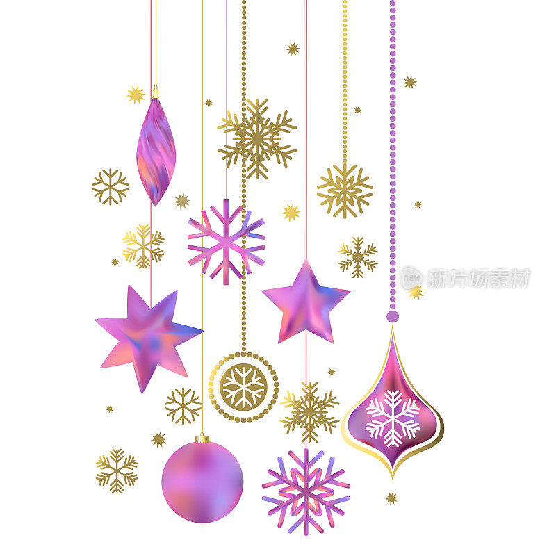 圣诞装饰品。新年。假期。插图。雪花。黄金。发光。背景。花环。